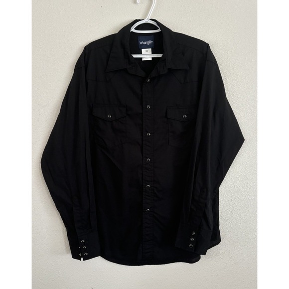 Wrangler Pearl Snap Shirt Men's L Black Long Sleeve Flap Pockets Western Vintage - Picture 1 of 7